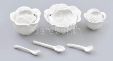 3 darab saláta alakú fedeles fűszerkínáló, fehér mázzal kent formába öntött fehércserép, kanalakkal, jelzéssel, kopással, d:8-13 cm