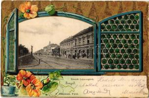 1903 Szeged, Kossuth Lajos sugárút. Szecessziós, dombornyomott. litho. H. Kampmann kiadása No. 1254. / Art Nouveau, floral, litho Emb. (gyűrődések / creases)