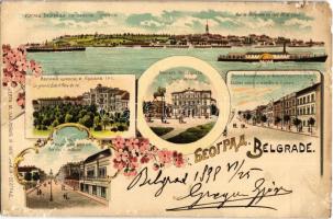 1899 (Vorläufer) Belgrade, Cote de la Save, Théatre national, La grande École et Place du roi, Rue, Académie militaire et ministere de la guerre Sava riverside, theatre, school, military academy, ministry of war. Art Nouveau, floral, litho (hole)