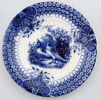 cca 1860-1880 Villeroy & Boch India Flow Blue madármintás süteményes tál. Jelzéssel, mázelszíneződéssel, d: 18,5 cm
