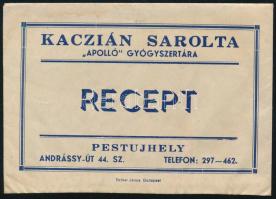 Kaczián Sarolta "Apolló" gyógyszertára, receptboríték, benne Anyák Kiskátéja