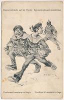 1918 Monturverkäufer auf der Flucht. K.u.K. Kriegsmarine Matrosen / Egyenruhaárusok menekülése / Austro-Hungarian Navy humorous mariner art postcard. C.F. P. Nr. 7a 1917/18. s: Ed Dworak (EK) + "S.M.S. "RADETZKY"