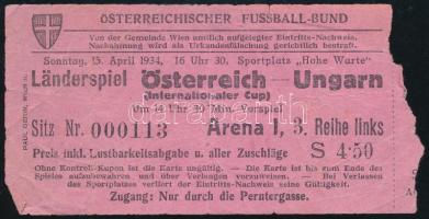1934 Ausztria-Magyarország futballmérkőzés (5:2) belépőjegye