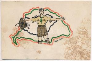 1933 Angol Park, Cserkész Nagymagyarország és a mai Magyarország körvonalaival. Kézzel rajzolt irredenta lap / Hungarian scout art postcard, Trianon, irredenta. Hand-drawn s: Géczy Judit (fl)