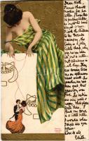 P.M. & Co. London Series 4440. Marionettes / Art Nouveau gently erotic golden lady, litho s: Raphael Kirchner (EB)