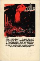 Munkások! Polgárok! Március 4-én hétfőn délelőtt a Parlament elé vonulunk, hogy megkérdezzük az uraktól: Mi lesz a becsületes választójoggal? A Szociáldemokrata Párt felhívása Parlament elé vonulásra és tömegsztrájkra. Népszava könyvkereskedés kiadványa, Seidner chromolithografia / Hungarian Social Democrat Party propaganda postcard s: Biró (apró szakadás / tiny tear)