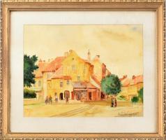 Olvashatatlan (Kauchnitz?) jelzéssel: Sopron, Várkerület, sárga ház, 1955. Akvarell, papír. Dekoratí...