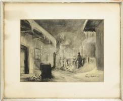 Páger Antal (1899-1986): Téli jelenet. Szén, papír, jelzett, üvegezett fakeretben, 38×52 cm