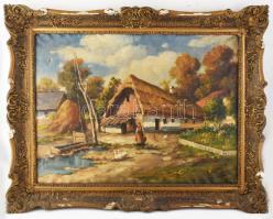 Olvashatatlan jelzéssel: Élet a tanyán. Olaj, vászon, sérült. Dekoratív, sérült fakeretben. 60×80 cm