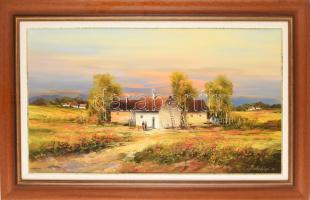 Bubelényi László (1953-): Nyár a tanyán. Olaj, farost, jelzett, hátoldalán címkén feliratozott. Dekoratív fakeretben. 50x90 cm. KIZÁRÓLAG SZEMÉLYES ÁTVÉTEL, NEM POSTÁZZUK / ONLY PERSONAL COLLECTION AT OUR OFFICE