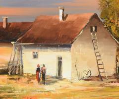 Bubelényi László (1953-): Nyár a tanyán. Olaj, farost, jelzett, hátoldalán címkén feliratozott. Deko...