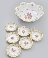 Jlmenau sárgán ecsetelt, virágmintás, áttört- és domború mintás pralinékínáló szett, jelzéssel, kis kopással, d:11 cm, 27 cm, m: 9,5 cm