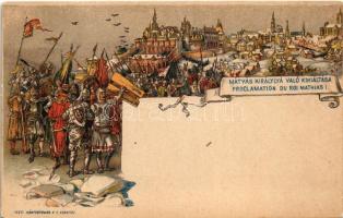 Mátyás királlyá való kikiáltása. Ezredéves Országos Kiállítás / Proclamation du roi Mathias I / coronation of Matthias Corvinus, King of Hungary. Hungarian Millennium Exhibition. barna 2kr Ga. litho