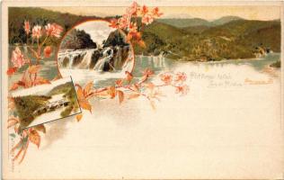 Plitvicka Jezera / Plitvicei tavak. Ezredéves Országos Kiállítás / Plitvice Lakes. Hungarian Millennium Exhibition. barna 2 Kr. Ga. floral Art Nouveau litho s: Cserna K.