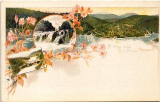 Plitvicka Jezera / Plitvicei tavak. Ezredéves Országos Kiállítás / Plitvice Lakes. Hungarian Millennium Exhibition. barna 2 Kr. Ga. floral Art Nouveau litho s: Cserna K.
