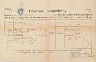 1878 Budapest, halálozási bizonyítvány 50 kr okmánybélyeggel