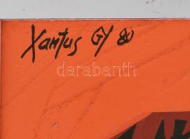 Xantus Gyula (1919-1993): Őskor, 1980. Akril, farost. Jelezve balra fent, hátoldalán autográf felira...