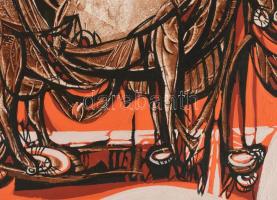 Xantus Gyula (1919-1993): Őskor, 1980. Akril, farost. Jelezve balra fent, hátoldalán autográf felira...