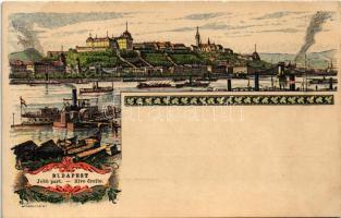 Budapest, Ezredéves Országos Kiállítás, Jobb part, Királyi vár, Lánchíd, gőzhajók. 2 Kr barna Ga. s: Morelli, Dörre T.