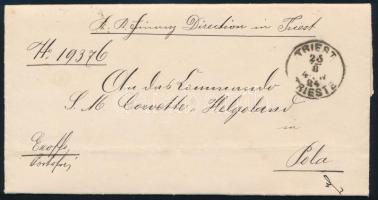 1884 Ex offo Triesztből az S.M. Corvette Helgolandnek címezve Polába, hátoldalán száraz pecséttel / Ex offo from Triest to the S.M. Corvette Helgoland in Pola. This letter was sent and received a few days before S.M.S. Helgoland sailed on her eight-month ethnographic research cruise to West Africa. On December 9, 1884, the date of the last handwritten notation, she was sailing between Accra, in the Gold Coast, and Lagos, Nigeria.