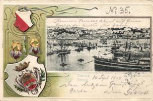 Triest harbour with coat of arms litho (Emb)