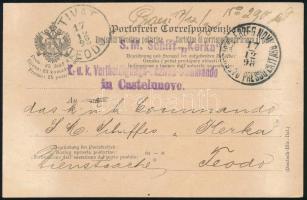 1898 Levelezőlap "K.u.k. Vertheidigungs-Bezirks-Commando in Castelnuovo" + "S.M. Schiff Kerka" / Official postage-free postcard from the District Defense Command in Castelnuovo to the command of S.M.S. Kerka.