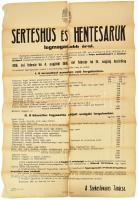 1916 Sertéshús és hentesáruk árszabályozásáról szóló rendelet nagy méretű hirdetmény. Nagy alakú erősen szakadt állapotban 90x66 cm