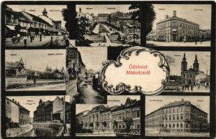 1907 Miskolc, Tűzoltó őrtorony, Erzsébet tér, városi bérház, nyaralók a Csabai úton, Kereskedelmi és iparkamara, stb. leporellólap, belül vasútállomás, diósgyőri vár, stb. Grünwald Ignác kiadása, Art Nouveau