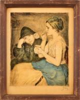 Glatz Oszkár (1872-1958) - Prihoda István (1891-1956): Buborékfújók. Színezett rézkarc, papír. Utólagos jelzéssel. Üvegezett fakeretben. 35,5x26,5 cm.