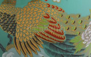 Japán paradicsommadár mintás váza, türkizzöld fonton zománcfestett mintával, jelzéssel, hibátlan, m:...