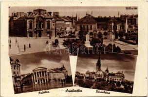 1942 Szabadka, Subotica; Hitler tér, Színház "Felszabadulás" felirattal, városház / square, theatre with irredenta text, town hall (EK)