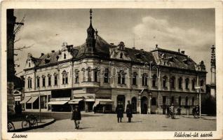 1939 Losonc, Lucenec; Rákóczi út sarok, gyógyszertár, Salamon Károly üzlete és saját kiadása / street corner, shops, pharmacy (EK)