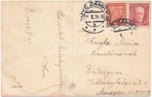 1935 Érsekújvár, Nové Zámky; Fő tér, Népbank, Singer üzlet, autó / Hlav. nám. / main square, bank, s...