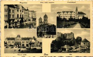 Léva, Levice; Megyeháza, Római katolikus templom, Tanítóképző, Városi szálló, automobil, autóbusz, vár / county hall, Catholic church, teachers' training institute, hotel, automobile, autobus, castle