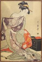 Régi japán fametszet XIX sz. közepe-vége, modern kartonra kasírozva, felületi sérülésekkel, sérült fakeretben, 73×50 cm