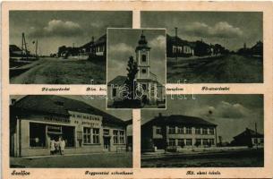 Szelőce, Sókszelőce, Selice; Fő utca, Római katolikus templom, "A Mi Házunk" fogyasztási és értékesítő szövetkezet üzlete, állami elemi iskola / church, main street, school, cooperative shop