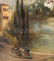 MCP jelzéssel: Kerékpározók. Olaj, vászon. Dekoratív, kissé sérült fakeretben. 80x61 cm