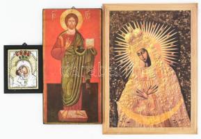 3 darab modern ikon másolat. Borostyántörmelékkel kirakott nyomat 32x23 cm, falapra préselt kép 28x14,5 cm, fémlemezzel takart nyomat hiánnyal 12x9,5 cm