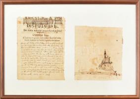 cca 1750 (?) Disputatio ima de statu naturae innocentis et justitiae originalis (....) Egyik lapon latin nyelvű kézirat, másik lapon tusrajz, utóbbin 1742-es ceruzával utólagos datálással. 23x17,5 cm (kézirat) és 19x18 cm. Üvegezett fakeretben.