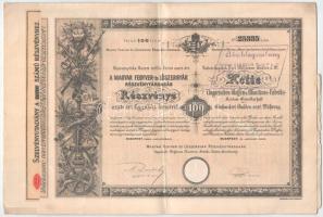 Budapest 1888. "A Magyar Fegyver- és Lőszergyár Részvénytársaság" részvénye 100Ft-ról szárazpecséttel, bélyegzésekkel, szelvényekkel T:F