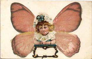 Pillangó kislány motívumlap gyöngy és csillám díszítéssel / butterfly girl motive postcards with pearl and glitter decoration, litho (EK)