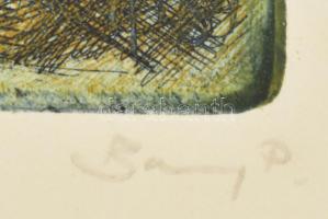 Barczi Pál (1933-2003): Faluvége. Színes rézkarc, papír. 23x29,5 cm