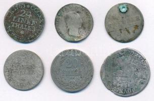 ~1700-1800. 5db rossz állapotú német, osztrák kis ezüstpénz + 1893KB 20f Ni T:F,VG sérülések ~1700-1800. 5pcs of diff German, Austrian small silver coins in poor condition + Hungary 1893KB 20 Fillér Ni C:F,VG damages