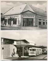 Fejér vármegye: Székesfehérvári autóbusz megálló, sárbogárdi földművesszövetkezet áruháza - 2 db modern Képzőművészeti Alap képeslap