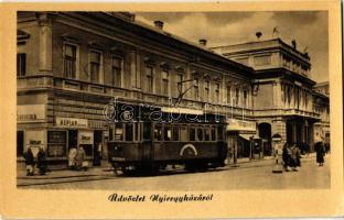 Nyíregyháza, utca, Néplap kiadóhivatala, villamos, üzlet. Képzőművészeti Alap