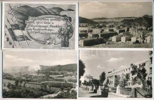 Salgótarján, szocreál montázs, üveggyár, Megyei tanács, Vásártéri bérházak - 4 db modern Képzőművészeti Alap képeslap