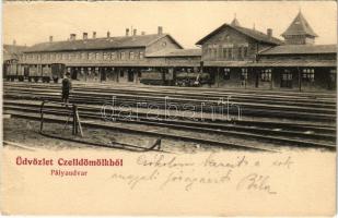 Celldömölk, pályaudvar, vasútállomás, gőzmozdony, vagonok, Kiadja Radó J. (szakadt / tear)