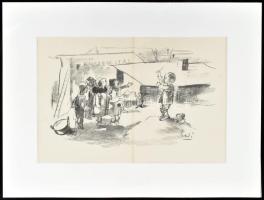 Gedő Lipót (1887-1952): Macskazene, litográfia, papír, jelzett a a litográfián, hajtott, paszpartuba...