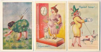 3 db régi magyar humoros művészlap Kaszás Jámbor grafikáival / 3 pre-1945 Hungarian humorous art postcards