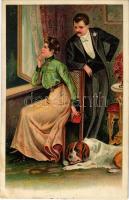 1910 Szerelmespár kutyával. Dombornyomott litho / Couple with dog. Embossed litho (EK)